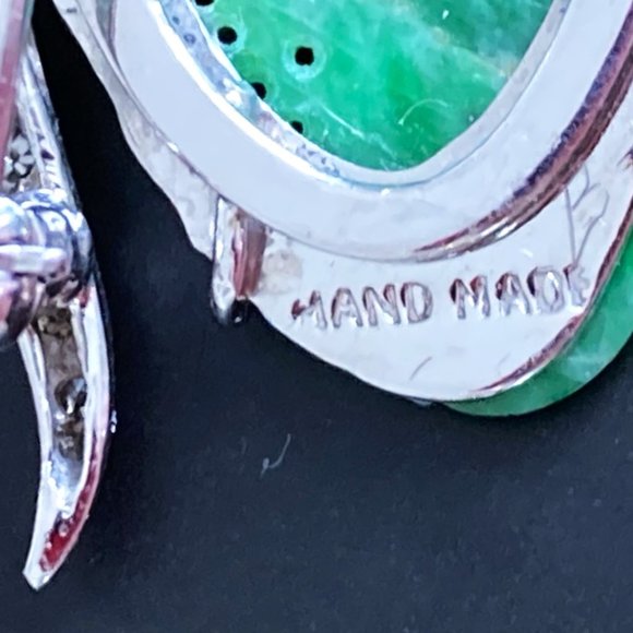 Vintage brooch & earrings in white gold, jade & diamonds - Picture 5 of 8